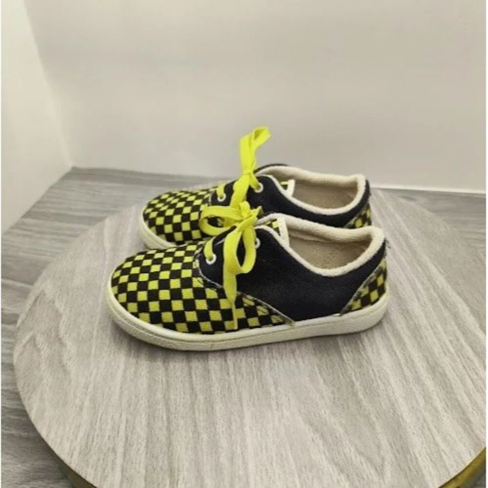 Vintage 80s Gerber Yellow Black Checkerboard Toddler Canvas Sneakers Size 7 USA